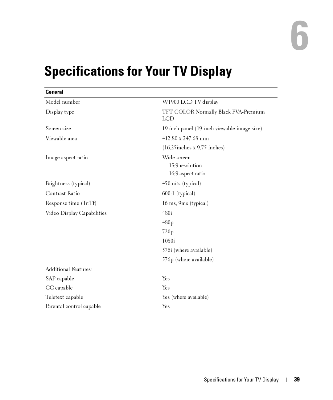 Dell W1900 owner manual Specifications for Your TV Display, General 