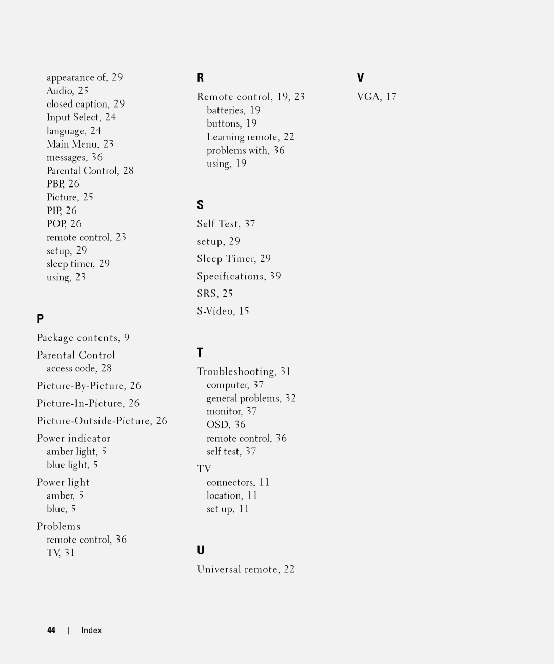 Dell W1900 owner manual Index 