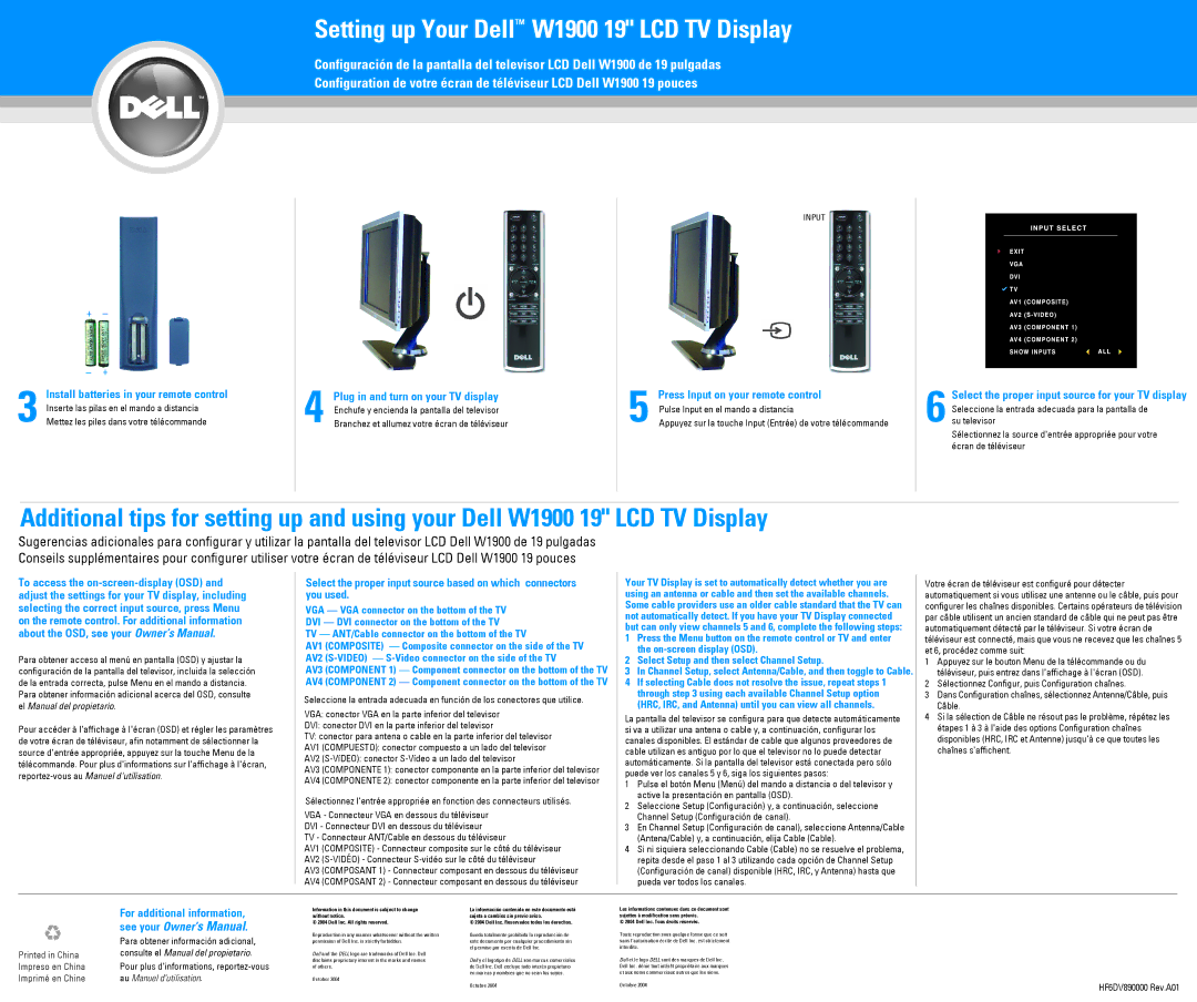 Dell W1900 manuel dutilisation Install batteries in your remote control, Press Input on your remote control 