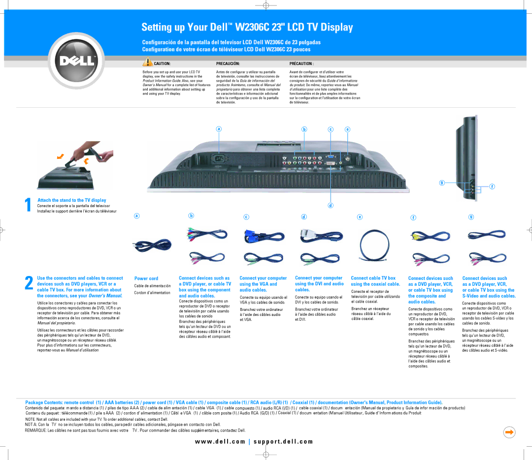 Dell W2306C manuel dutilisation Attach the stand to the TV display, Power cord 