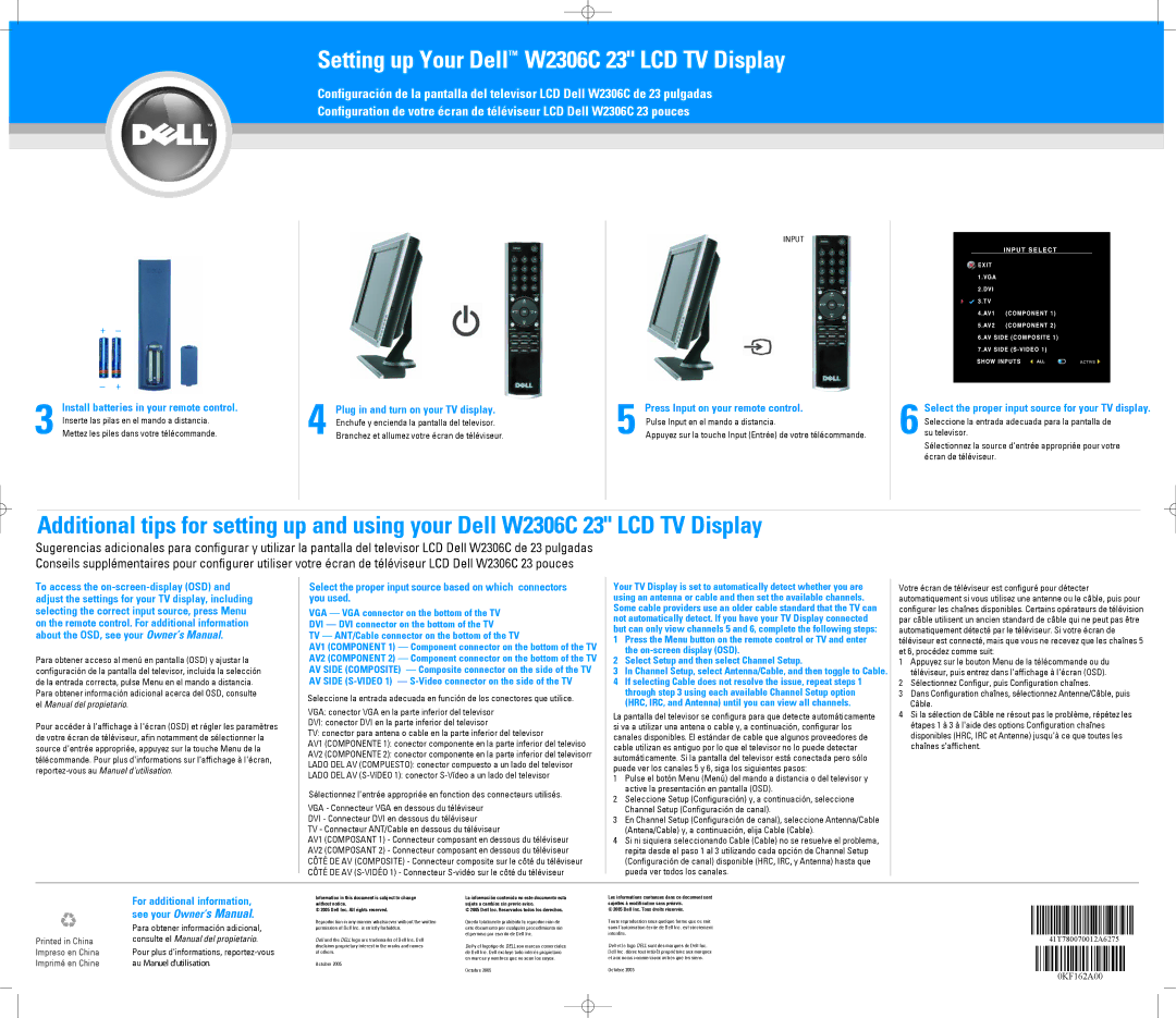 Dell W2306C manuel dutilisation Install batteries in your remote control, Press Input on your remote control 