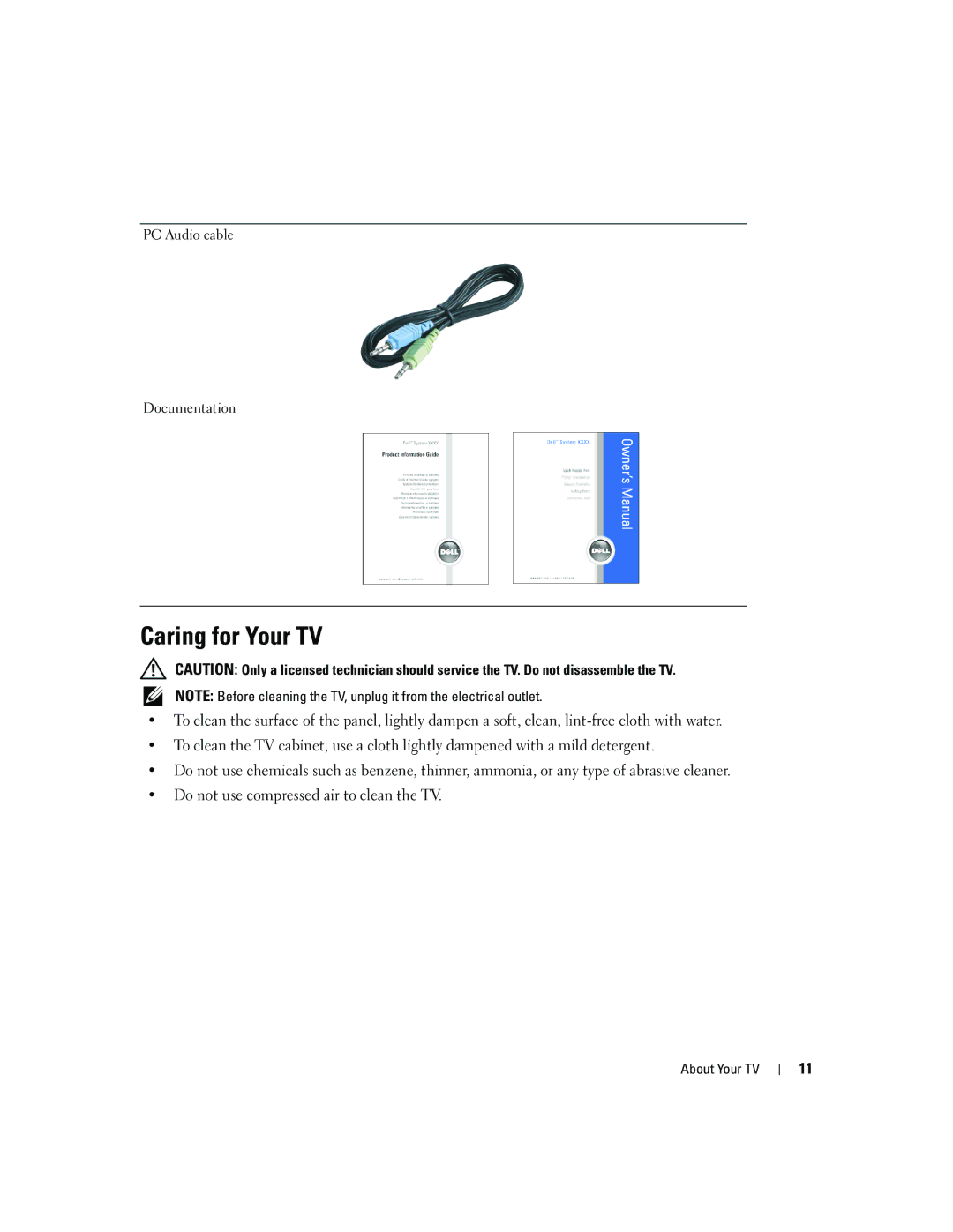 Dell W2600 owner manual Caring for Your TV, PC Audio cable Documentation 