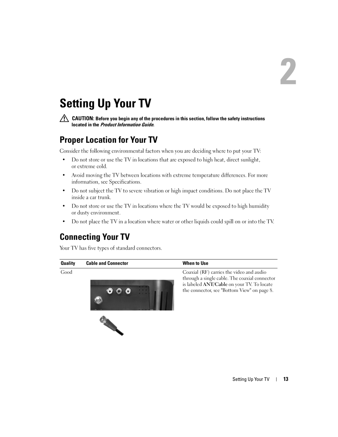 Dell W2600 owner manual Setting Up Your TV, Proper Location for Your TV, Connecting Your TV 