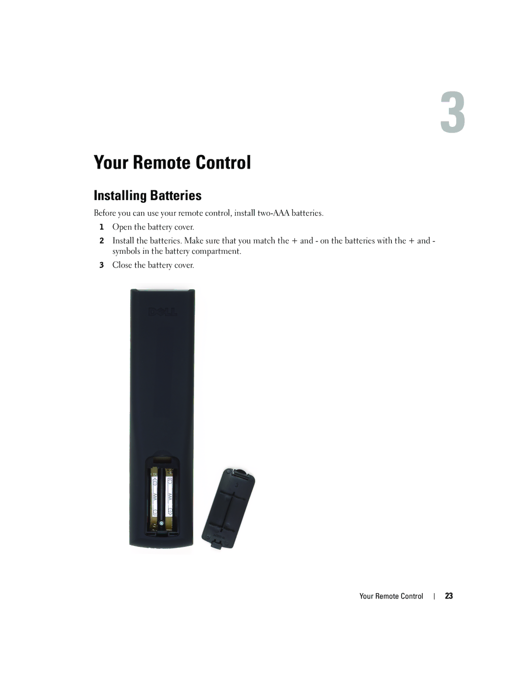 Dell W2600 owner manual Your Remote Control, Installing Batteries 