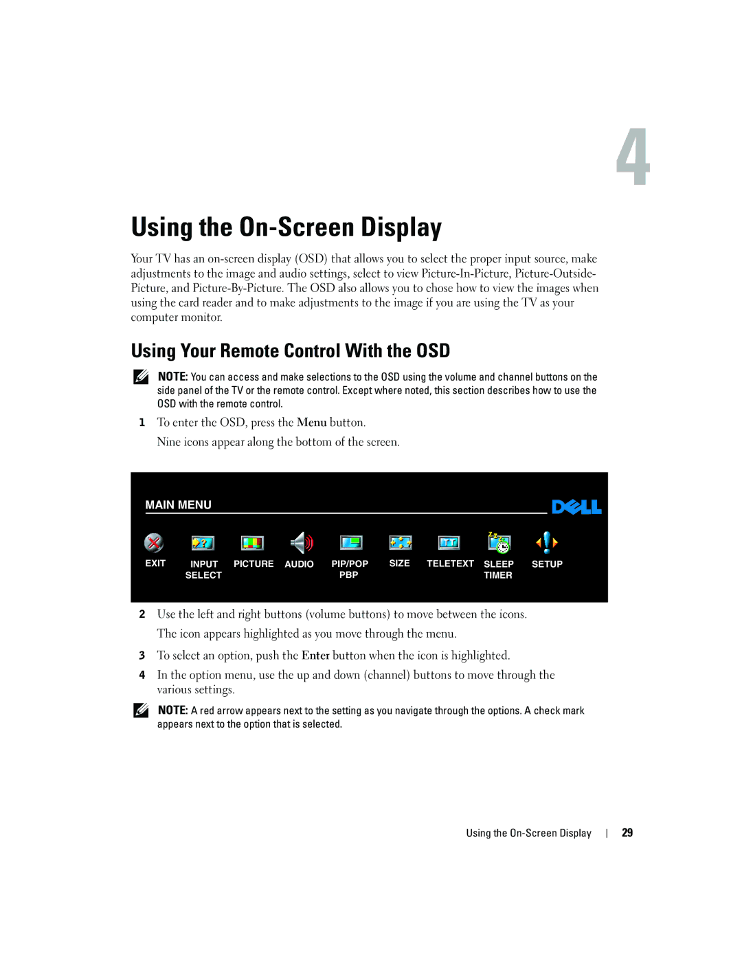 Dell W2600 owner manual Using the On-Screen Display, Using Your Remote Control With the OSD 