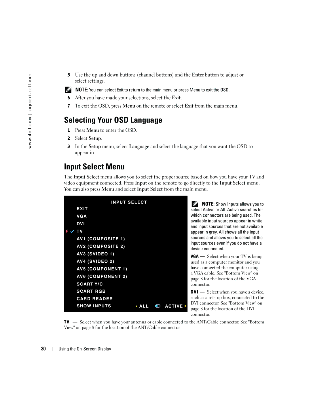 Dell W2600 owner manual Selecting Your OSD Language, Input Select Menu 