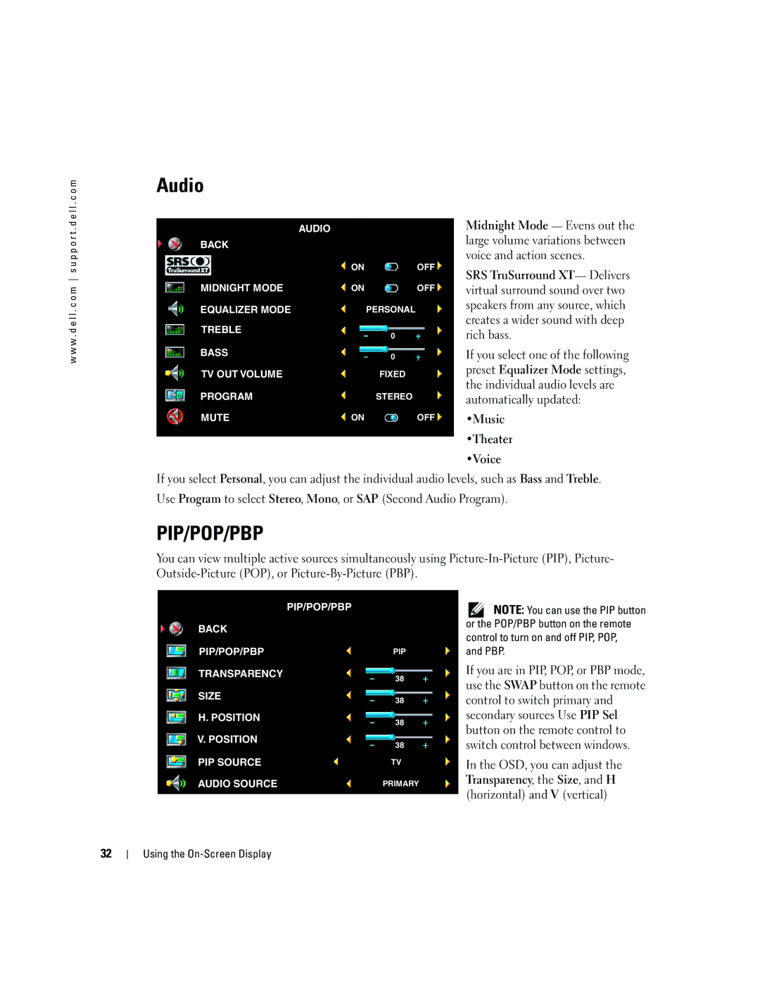 Dell W2600 owner manual Audio, Pbp 