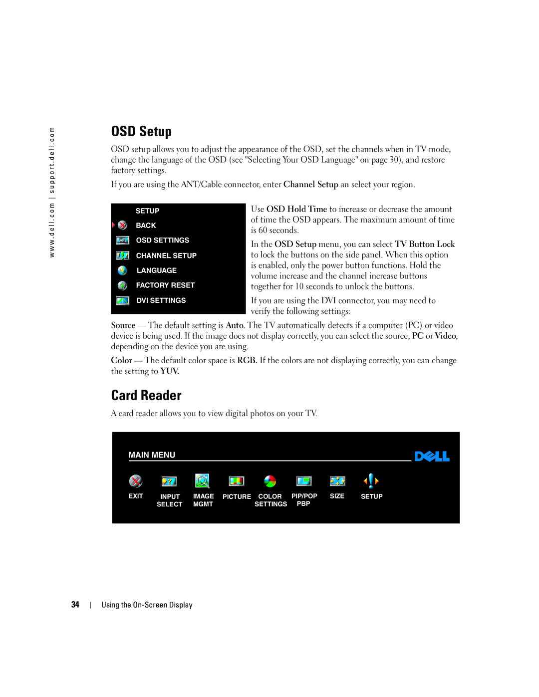 Dell W2600 owner manual OSD Setup, Card Reader 