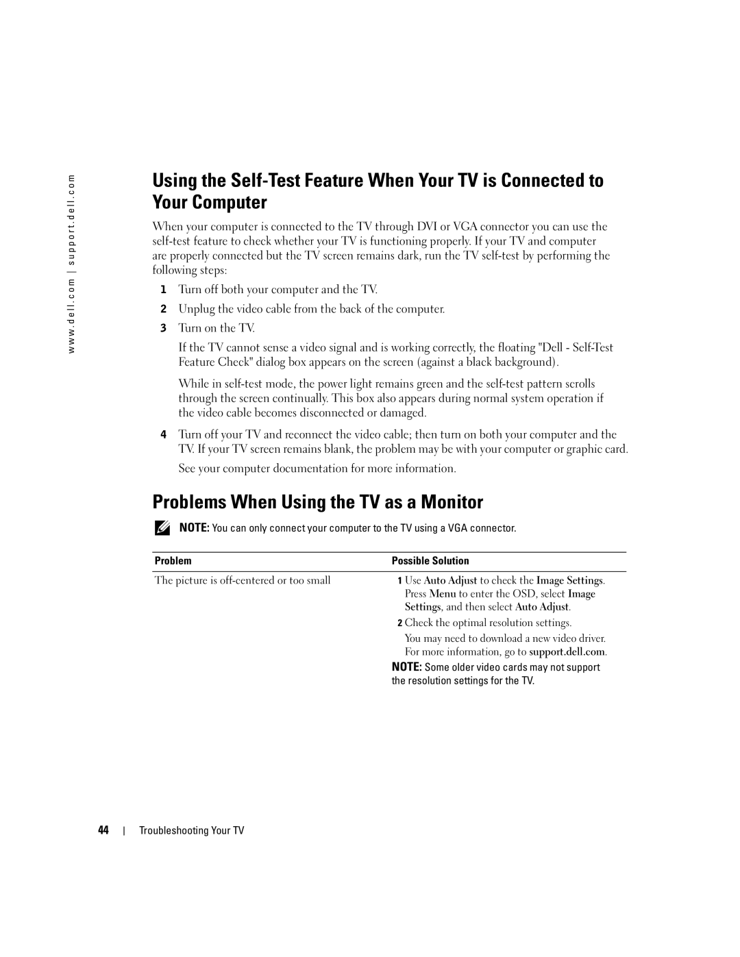 Dell W2600 owner manual Problems When Using the TV as a Monitor 