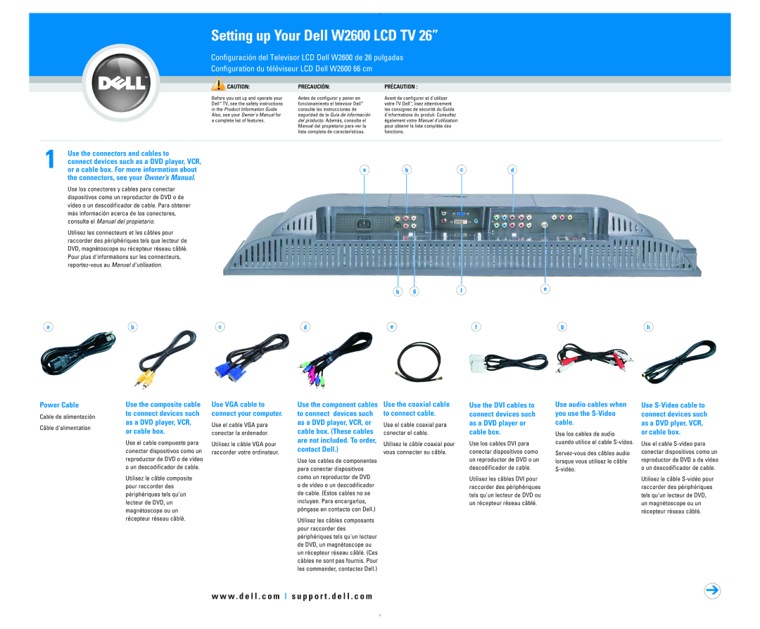 Dell owner manual Setting up Your Dell W2600 LCD TV, Power Cable, Use audio cables when you use the S-Video cable 