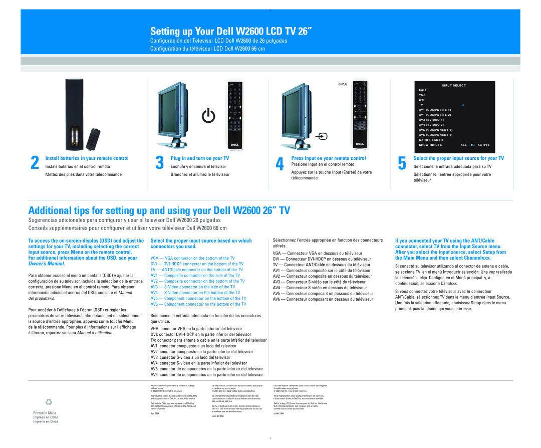 Dell W2600 Install batteries in your remote control, Plug in and turn on your TV, Press Input on your remote control 