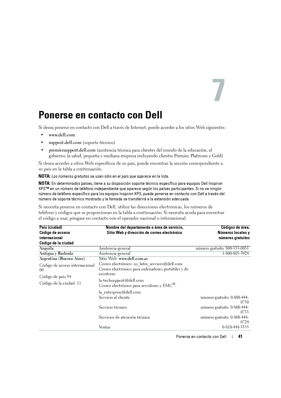 Dell W2606C owner manual Ponerse en contacto con Dell, País ciudad, Códigos de área, Anguila, Antigua y Barbuda 