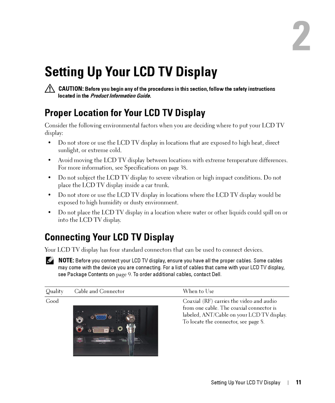 Dell W2606C Setting Up Your LCD TV Display, Proper Location for Your LCD TV Display, Connecting Your LCD TV Display 