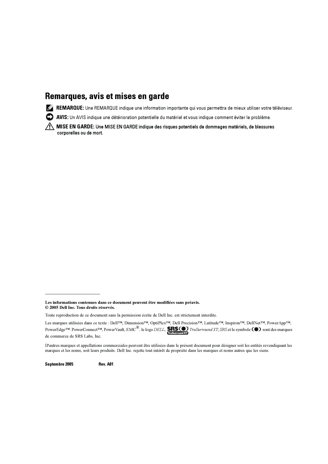 Dell W2606C owner manual Remarques, avis et mises en garde 