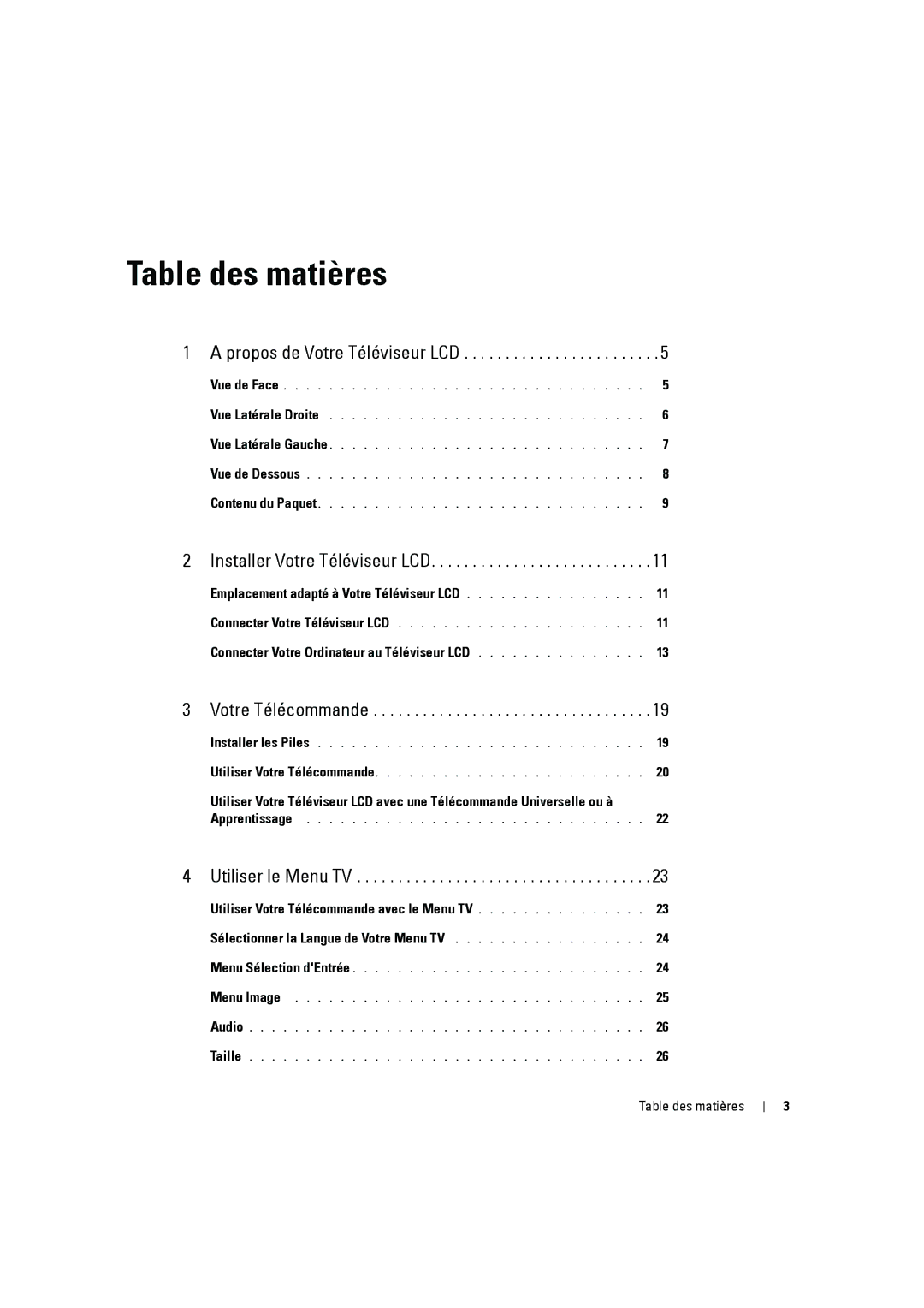 Dell W2606C Table des matières, Emplacement adapté à Votre Téléviseur LCD, Connecter Votre Ordinateur au Téléviseur LCD 