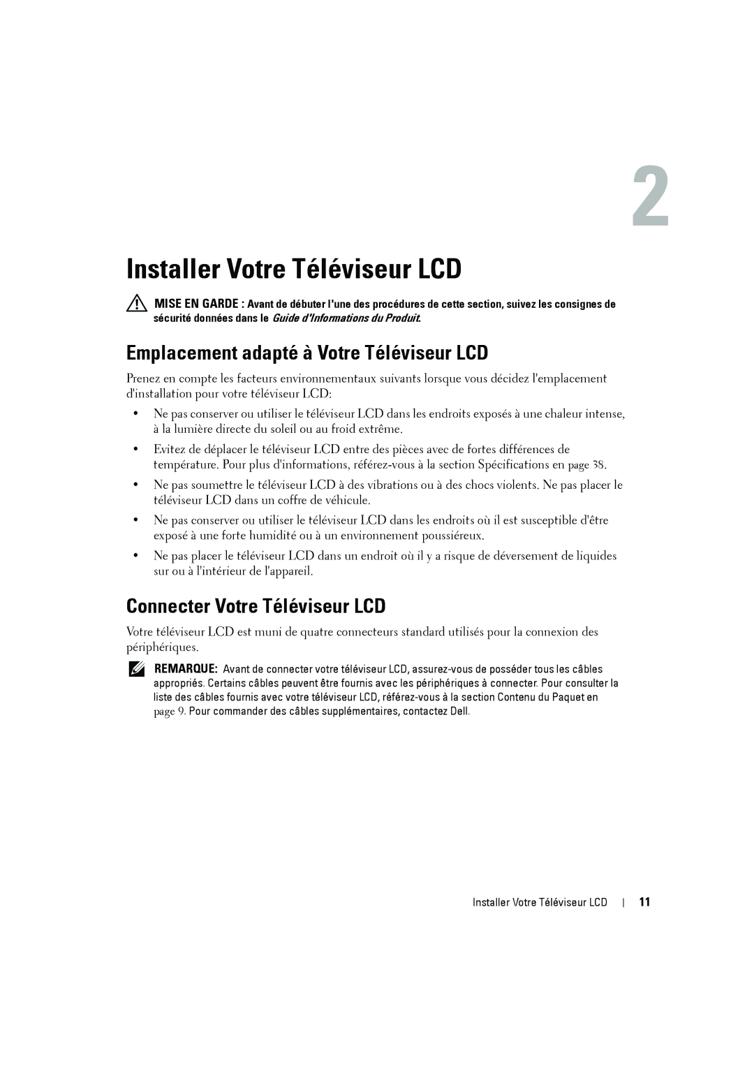 Dell W2606C Installer Votre Téléviseur LCD, Emplacement adapté à Votre Téléviseur LCD, Connecter Votre Téléviseur LCD 