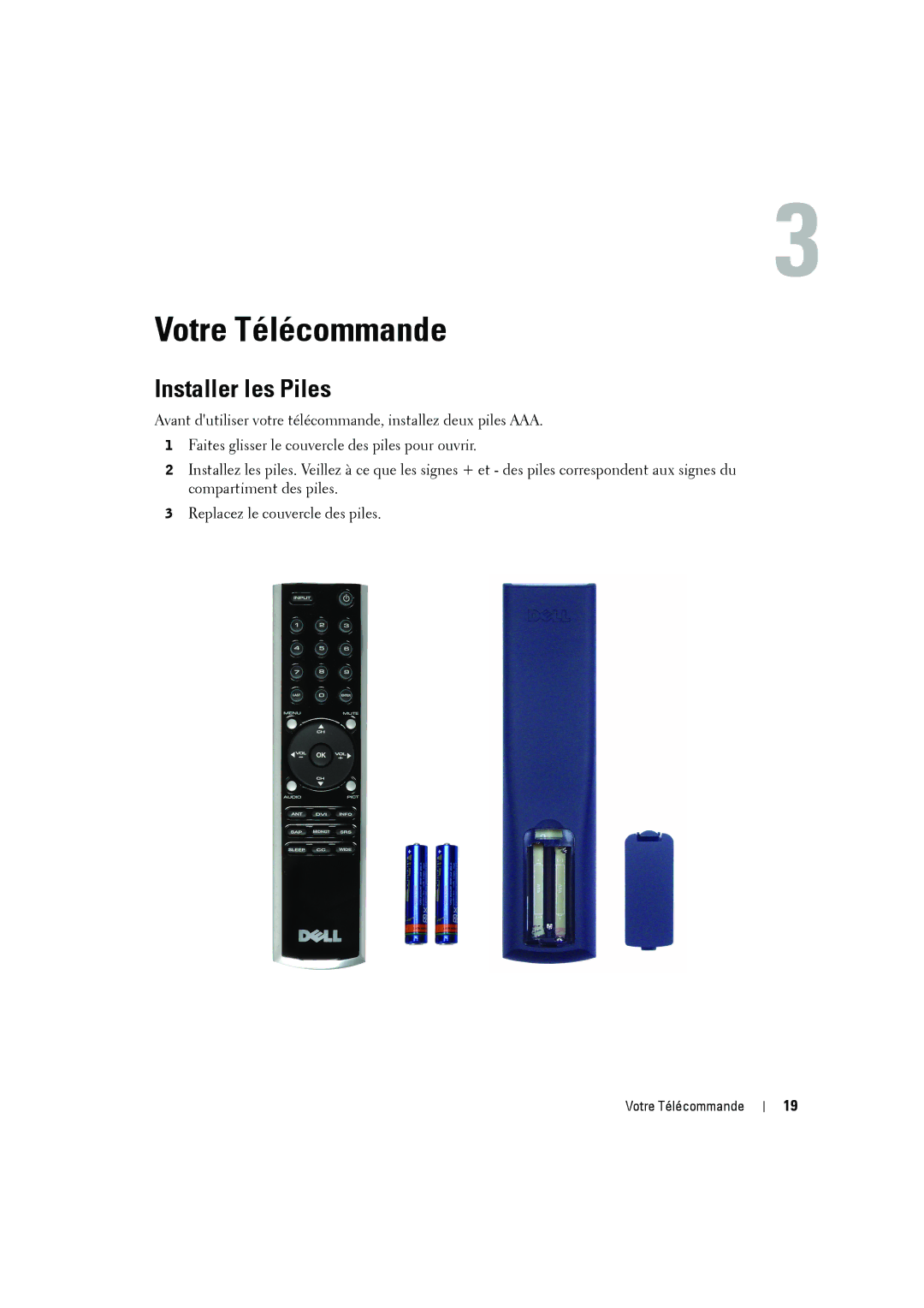 Dell W2606C owner manual Votre Télécommande, Installer les Piles 