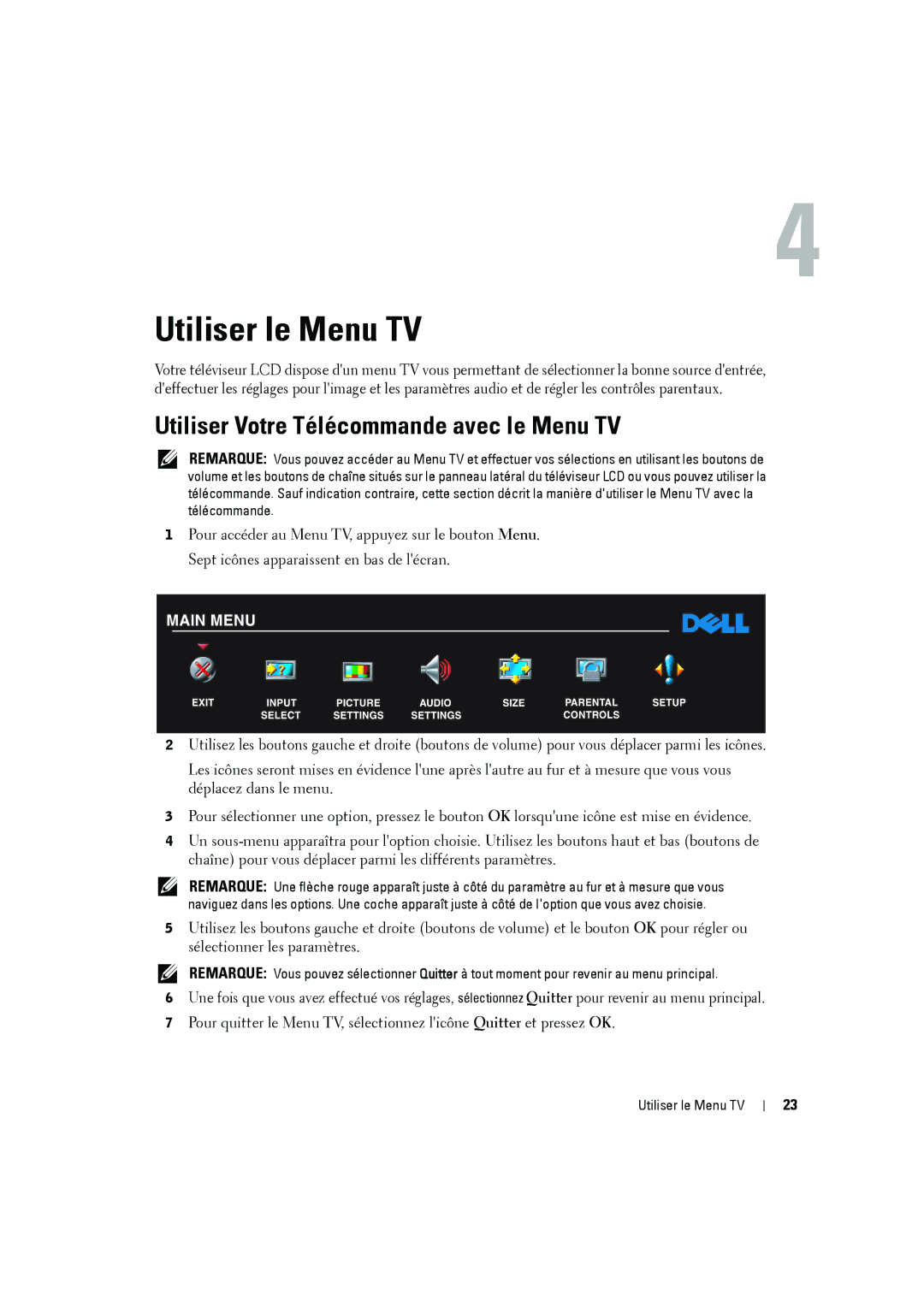 Dell W2606C owner manual Utiliser le Menu TV, Utiliser Votre Télécommande avec le Menu TV 