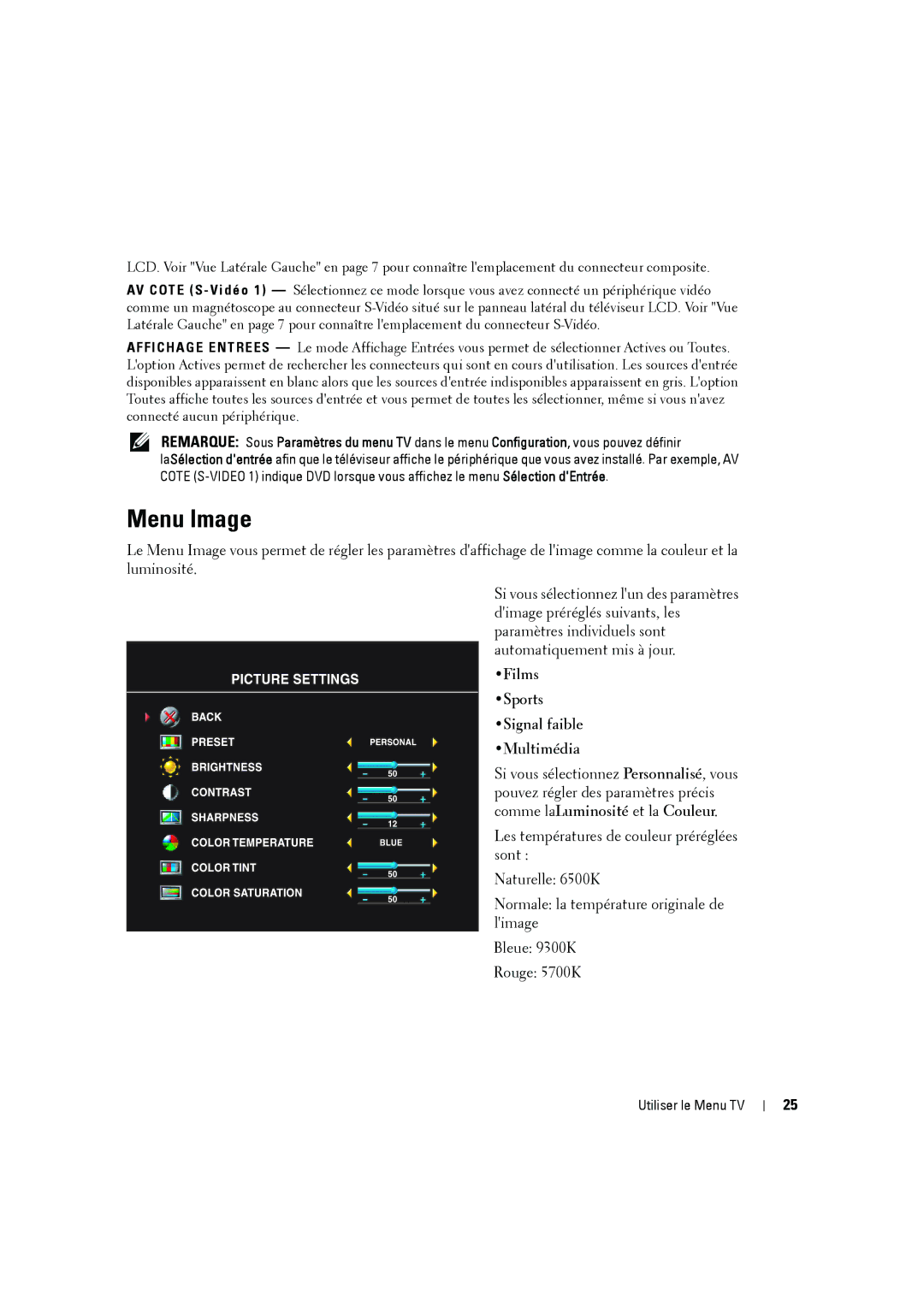 Dell W2606C owner manual Menu Image, Films Sports Signal faible Multimédia 