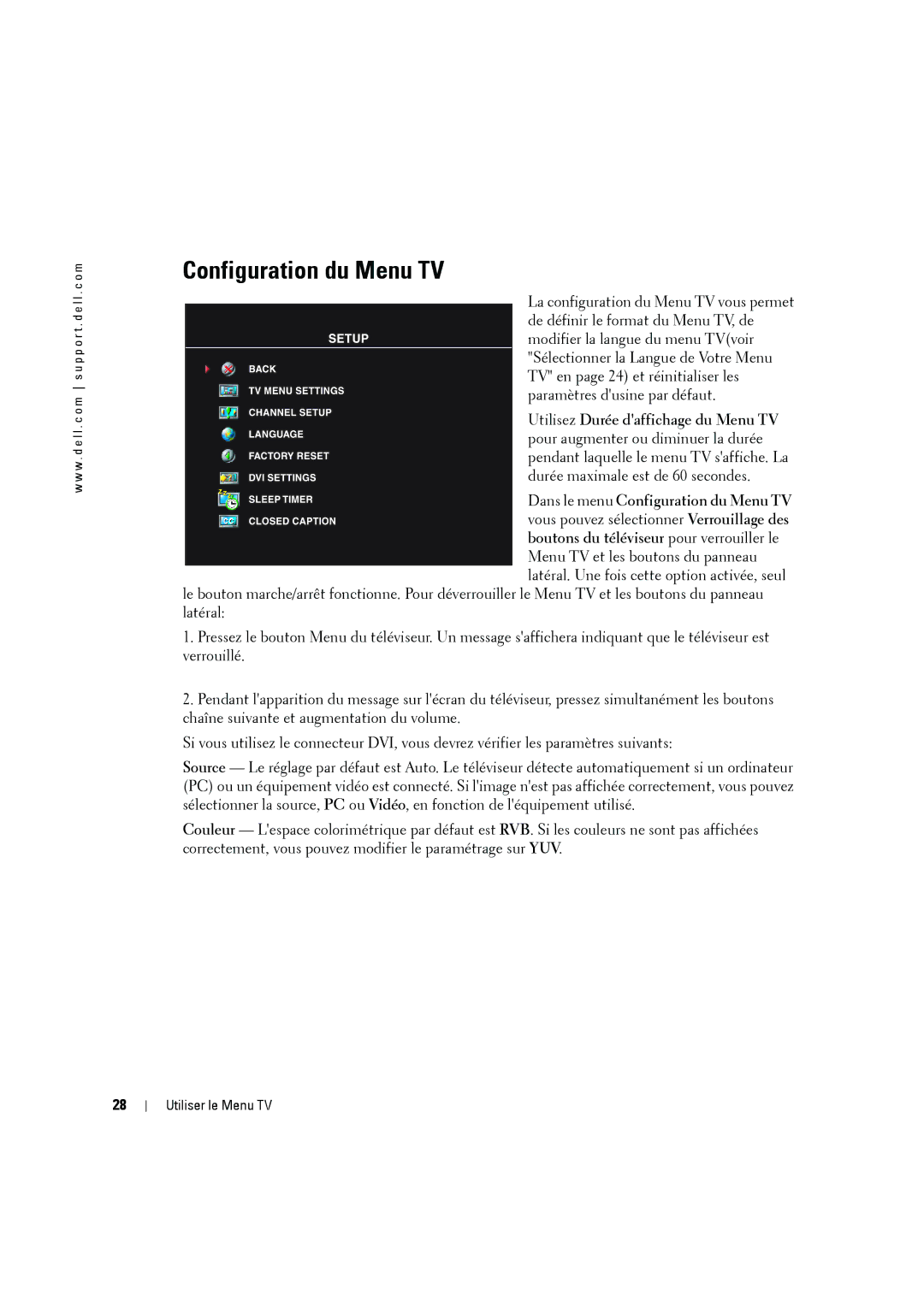 Dell W2606C owner manual Configuration du Menu TV, Utilisez Durée daffichage du Menu TV 