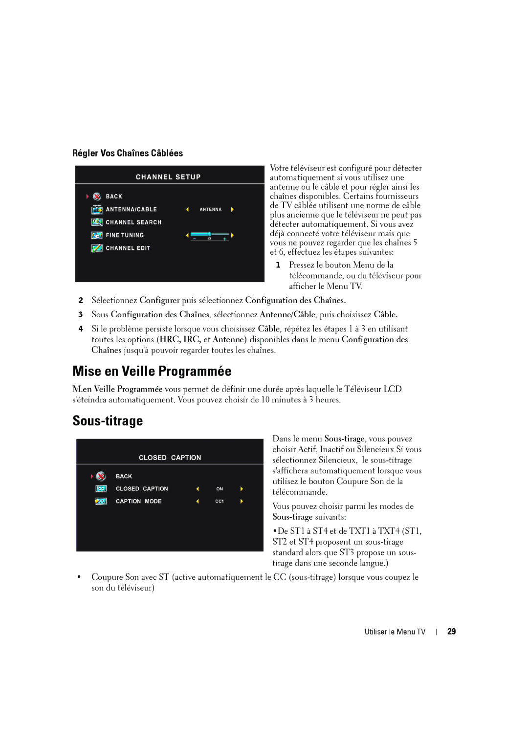 Dell W2606C owner manual Mise en Veille Programmée, Sous-titrage, Régler Vos Chaînes Câblées 