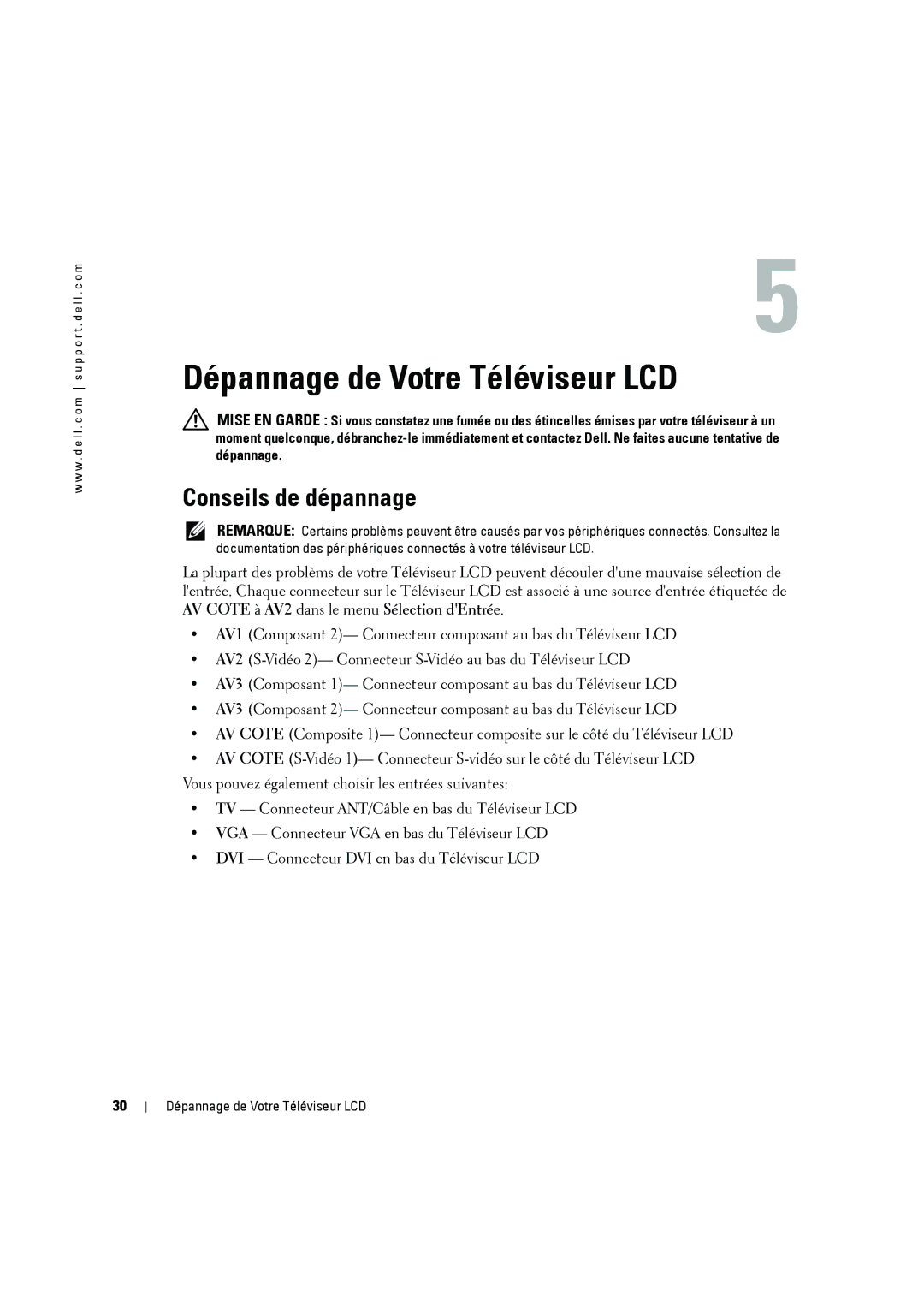 Dell W2606C owner manual Dépannage de Votre Téléviseur LCD, Conseils de dépannage 