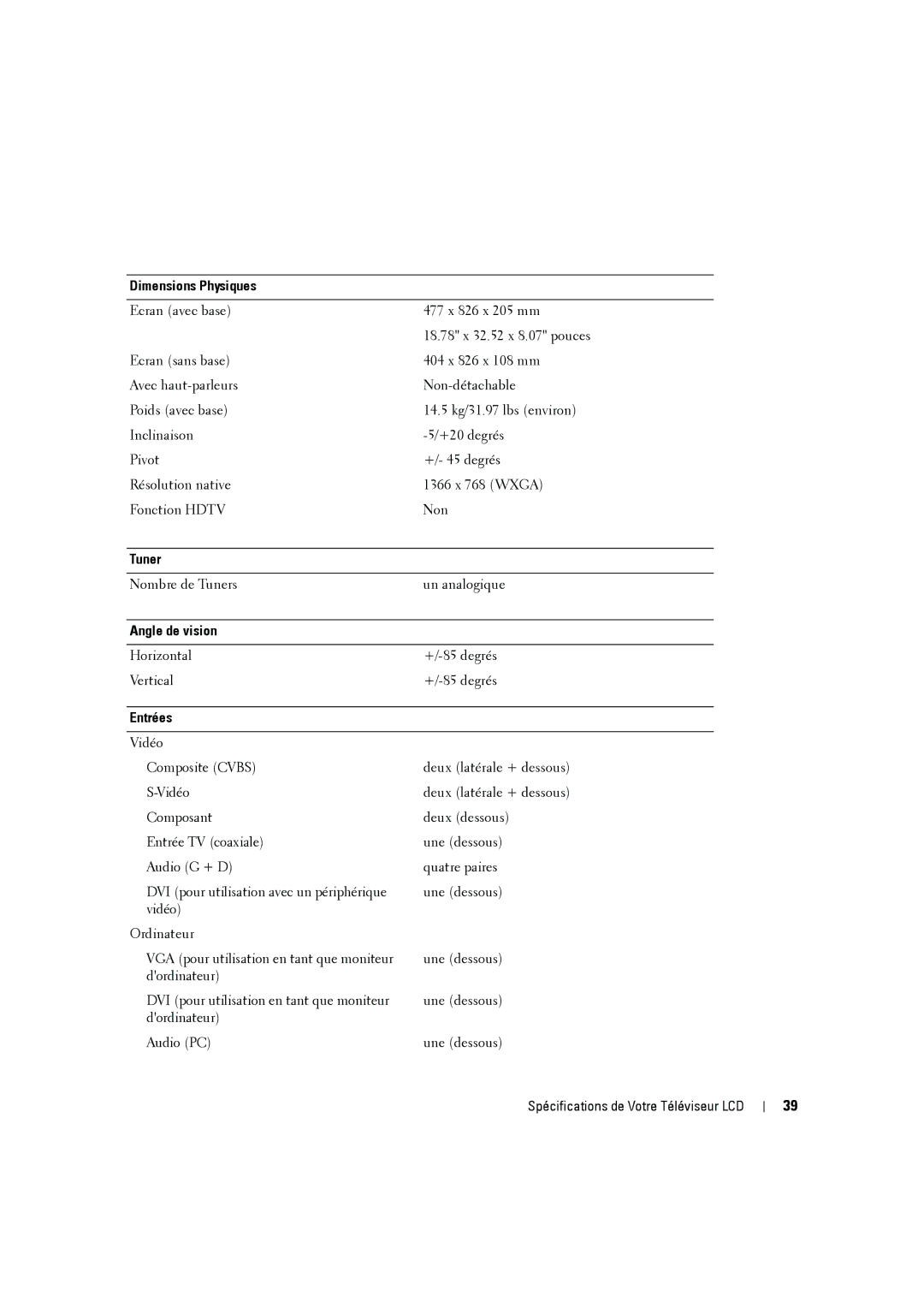 Dell W2606C owner manual Dimensions Physiques, Angle de vision, Entrées 