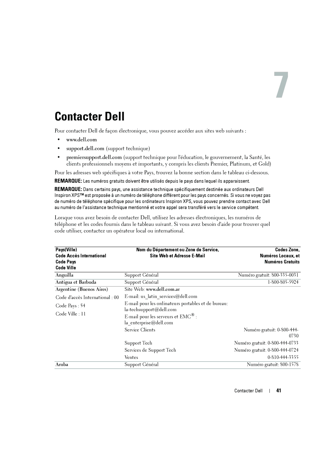 Dell W2606C owner manual Contacter Dell, Anguilla, Antigua et Barbuda, Argentine Buenos Aires 