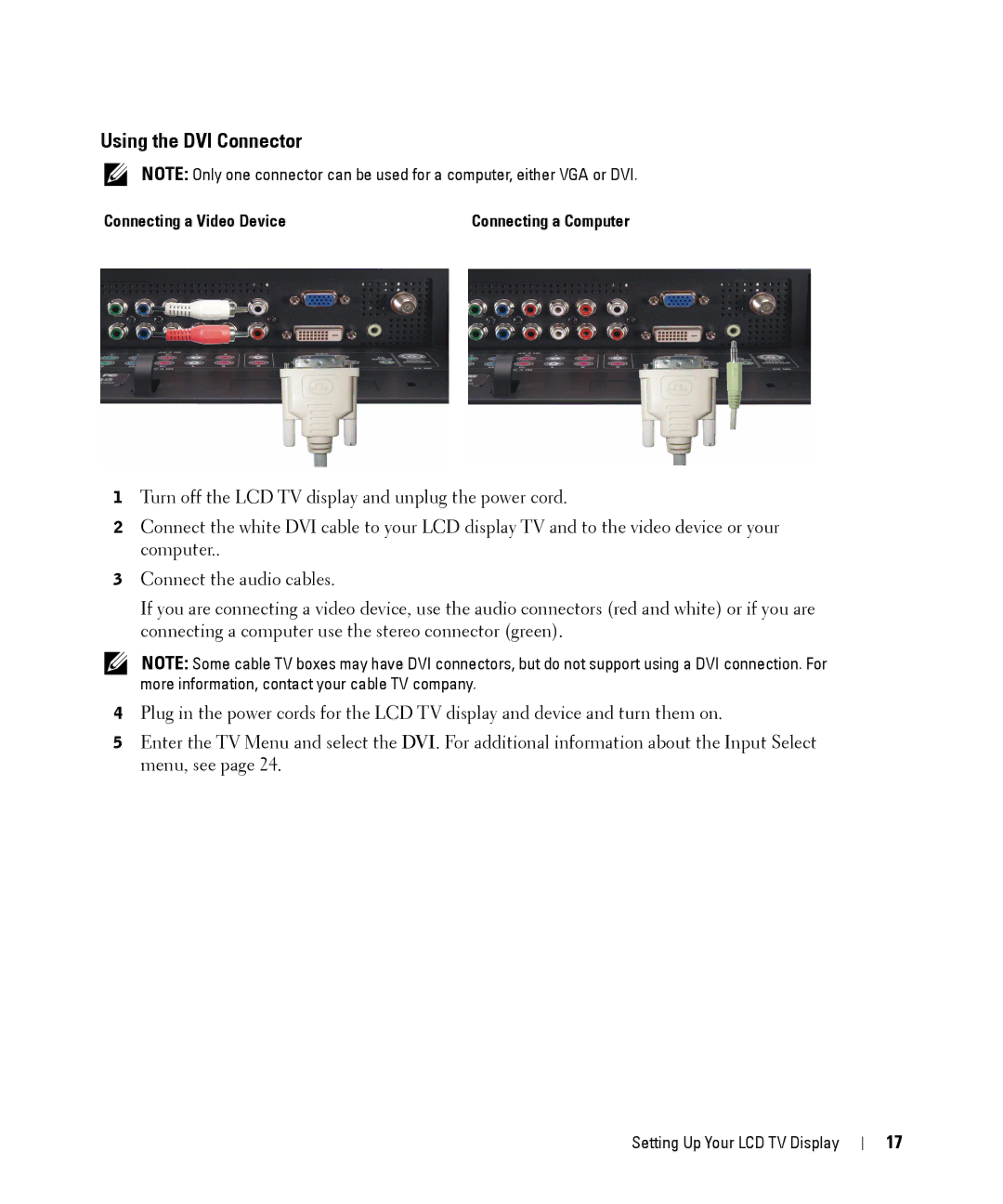 Dell W2606C owner manual Using the DVI Connector, Connecting a Video Device 