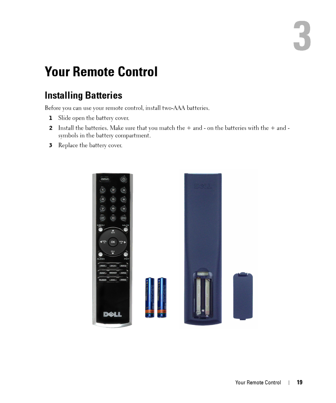 Dell W2606C owner manual Your Remote Control, Installing Batteries 