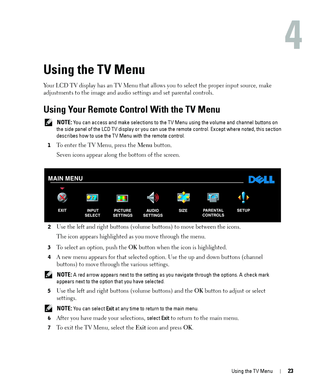 Dell W2606C owner manual Using the TV Menu, Using Your Remote Control With the TV Menu 