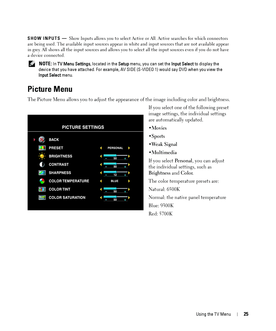 Dell W2606C owner manual Picture Menu, Movies Sports Weak Signal Multimedia 