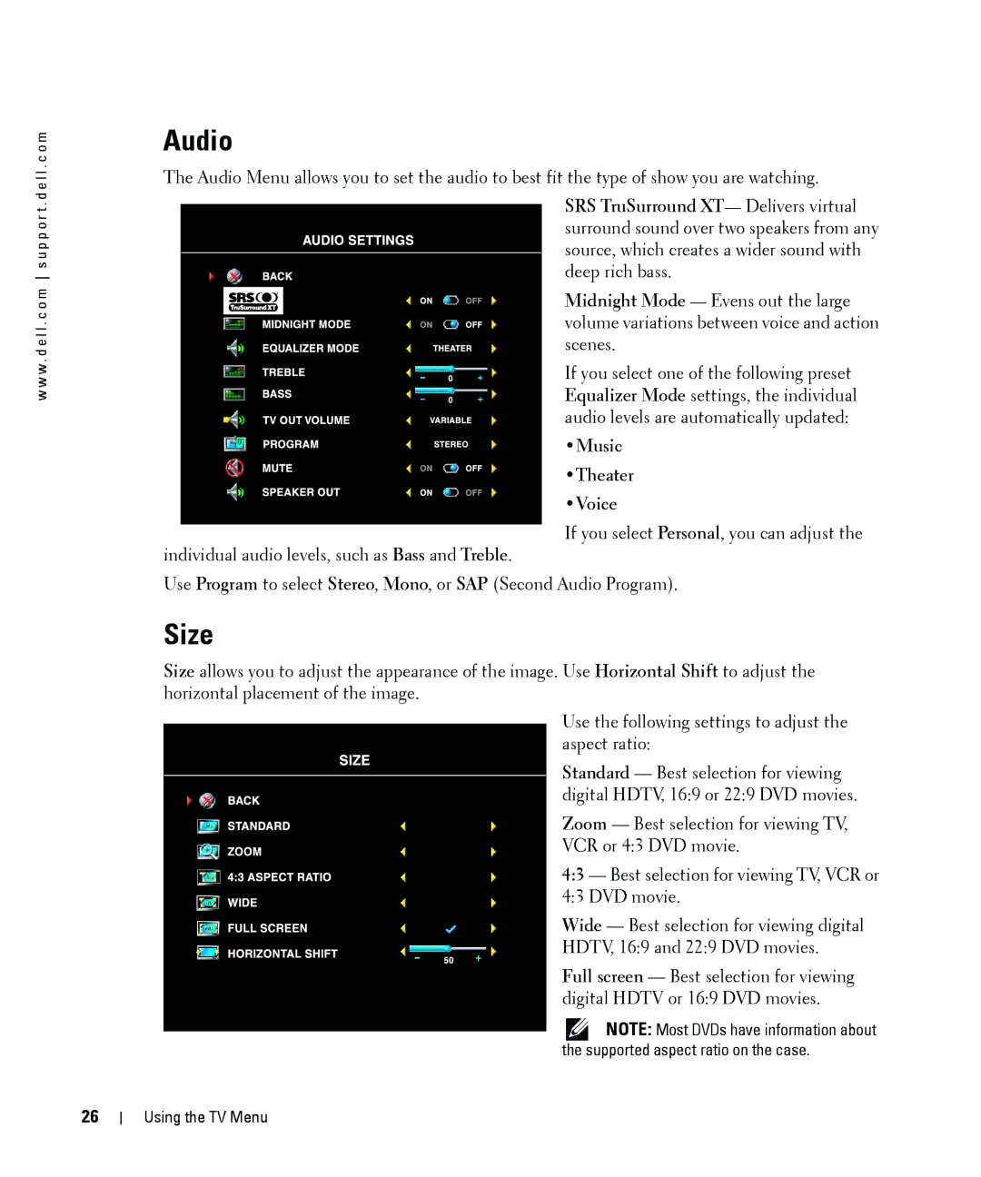 Dell W2606C owner manual Audio, Size 