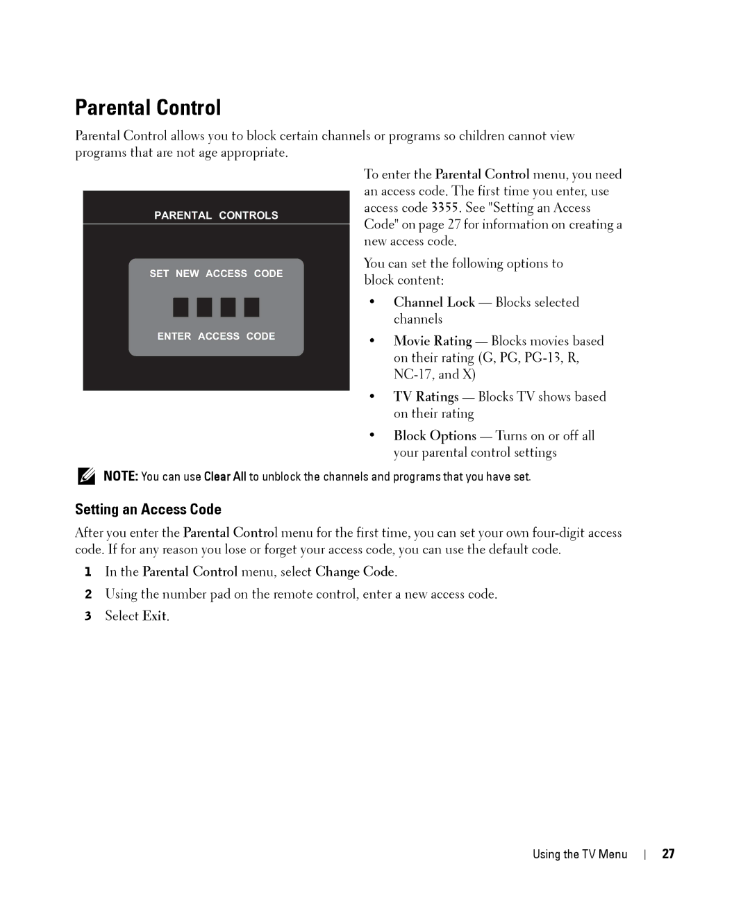 Dell W2606C owner manual Parental Control, Setting an Access Code 