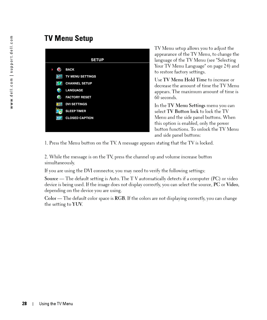 Dell W2606C owner manual TV Menu Setup 