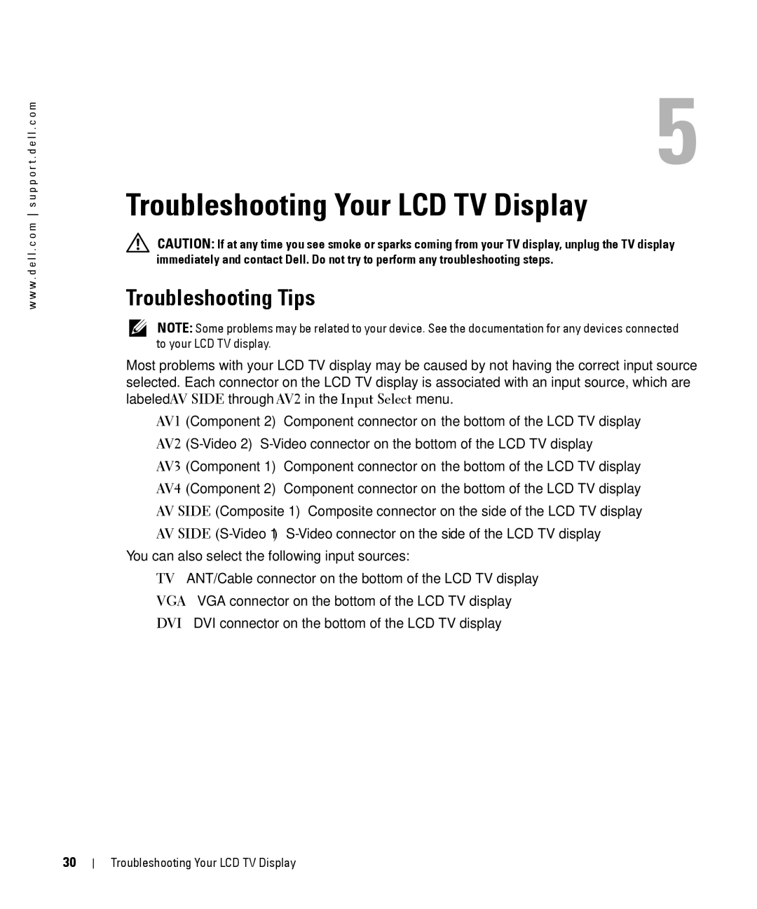 Dell W2606C owner manual Troubleshooting Your LCD TV Display, Troubleshooting Tips 