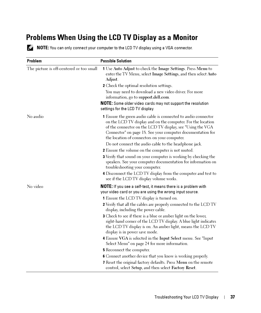 Dell W2606C owner manual Problems When Using the LCD TV Display as a Monitor, ProblemPossible Solution 