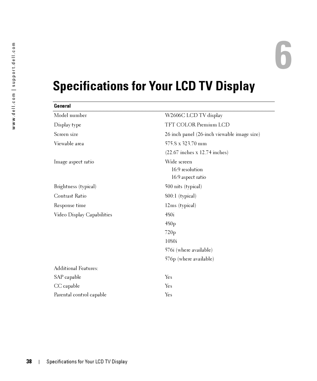 Dell W2606C owner manual Specifications for Your LCD TV Display, General 