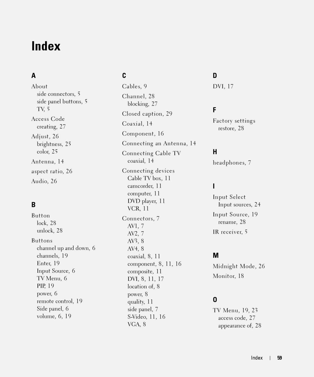 Dell W2606C owner manual Index 