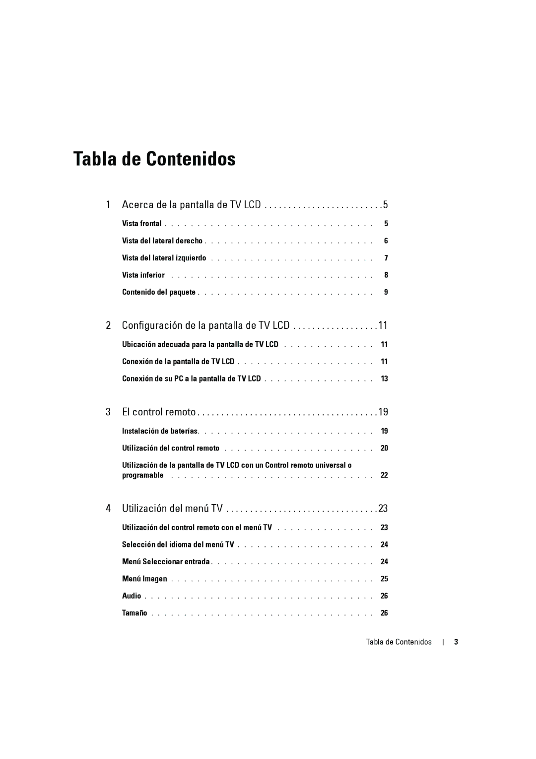 Dell W2606C Tabla de Contenidos, Ubicación adecuada para la pantalla de TV LCD, Conexión de su PC a la pantalla de TV LCD 