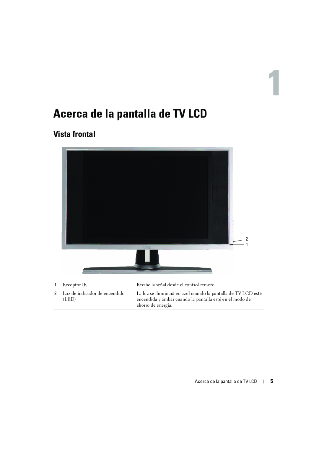 Dell W2606C owner manual Acerca de la pantalla de TV LCD, Vista frontal 