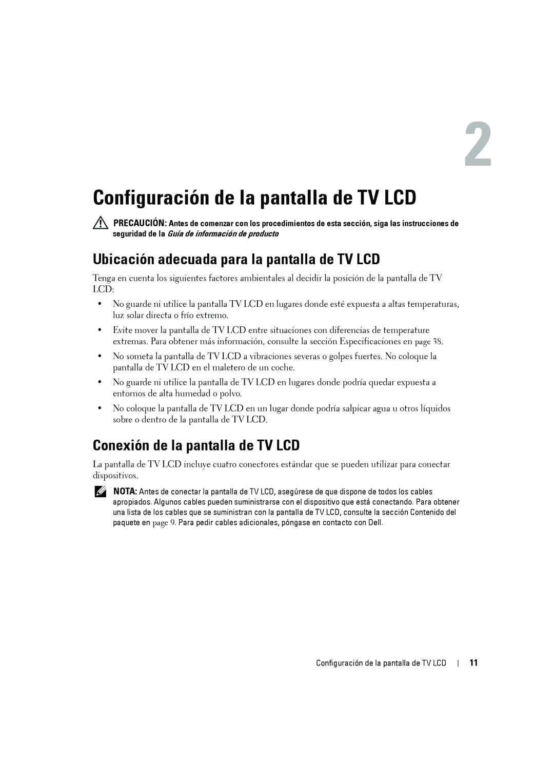 Dell W2606C owner manual Configuración de la pantalla de TV LCD, Ubicación adecuada para la pantalla de TV LCD 