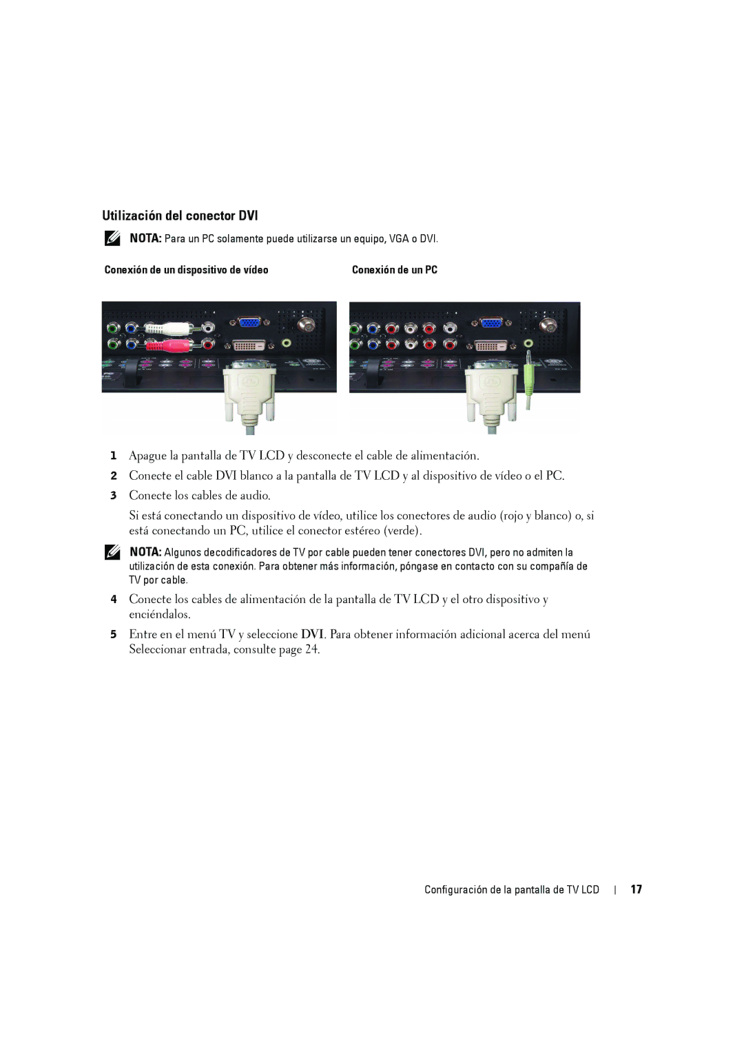 Dell W2606C owner manual Utilización del conector DVI, Conexión de un dispositivo de vídeo 