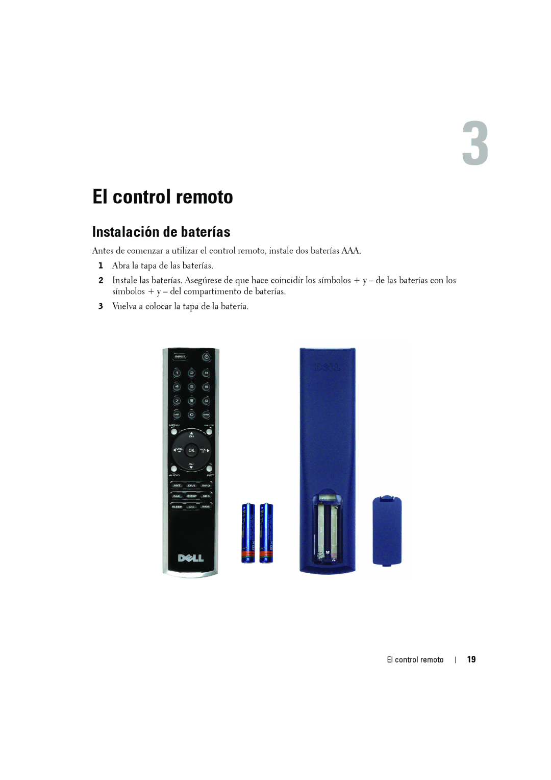 Dell W2606C owner manual El control remoto, Instalación de baterías 