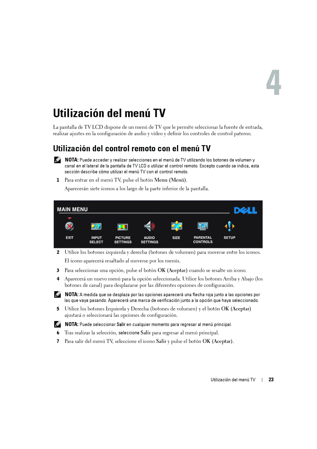 Dell W2606C owner manual Utilización del menú TV, Utilización del control remoto con el menú TV 