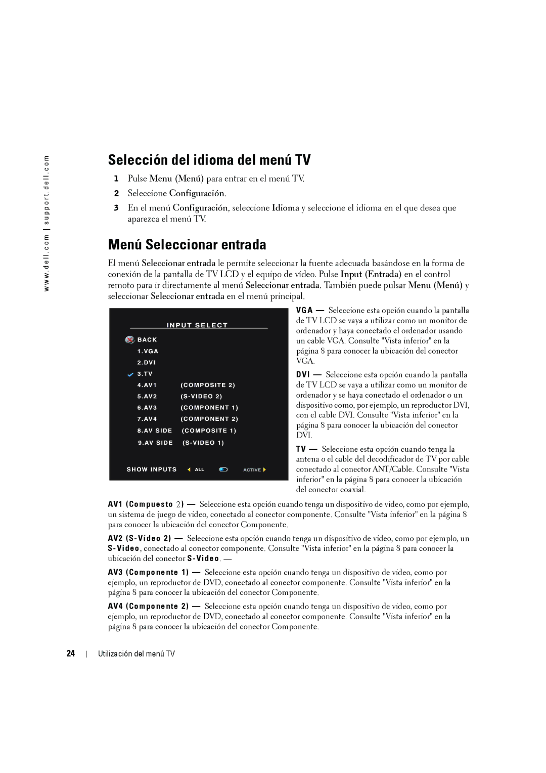 Dell W2606C owner manual Selección del idioma del menú TV, Menú Seleccionar entrada 