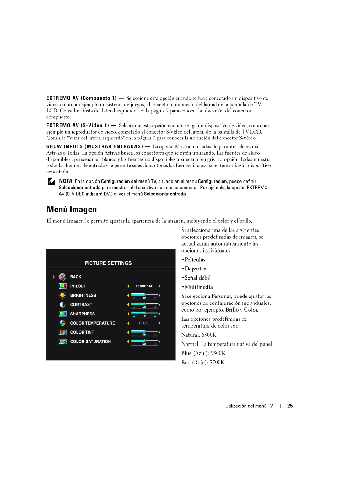 Dell W2606C owner manual Menú Imagen, Películas Deportes Señal débil Multimedia 