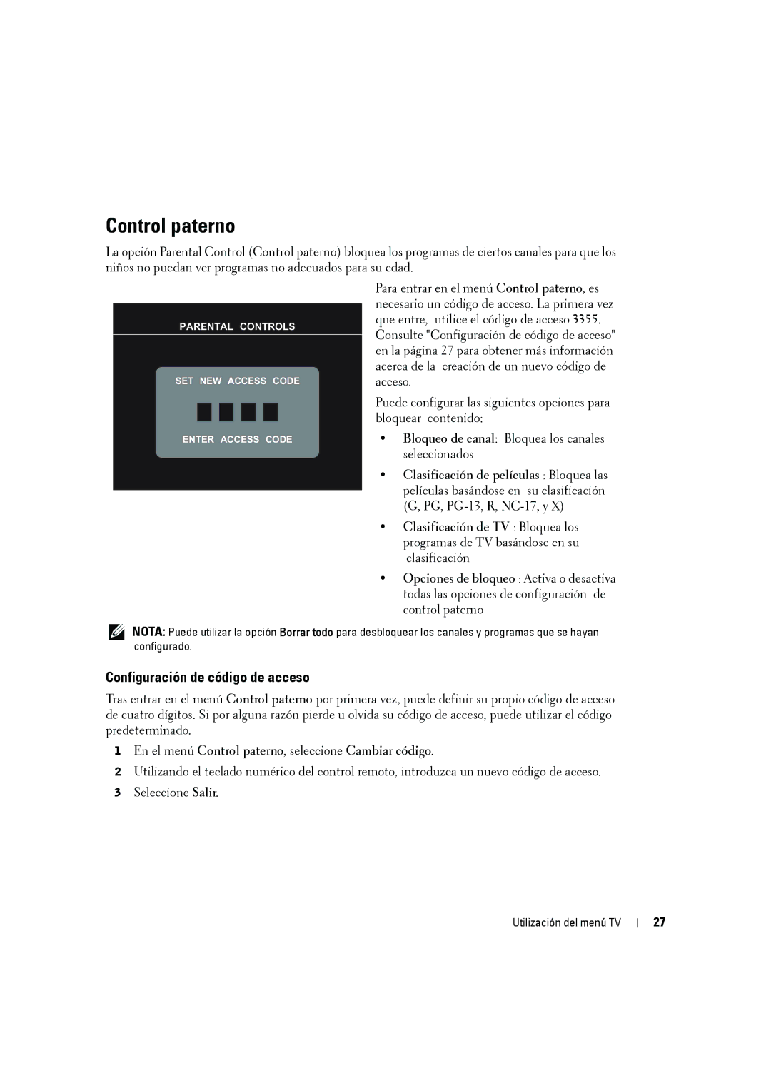 Dell W2606C owner manual Control paterno, Configuración de código de acceso 