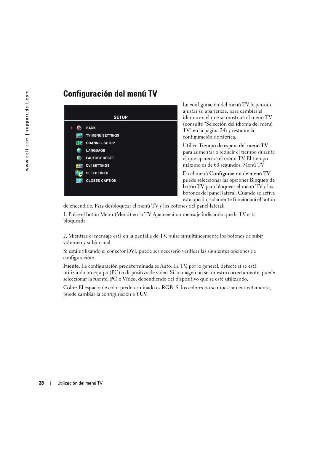 Dell W2606C owner manual Configuración del menú TV, Utilice Tiempo de espera del menú TV 