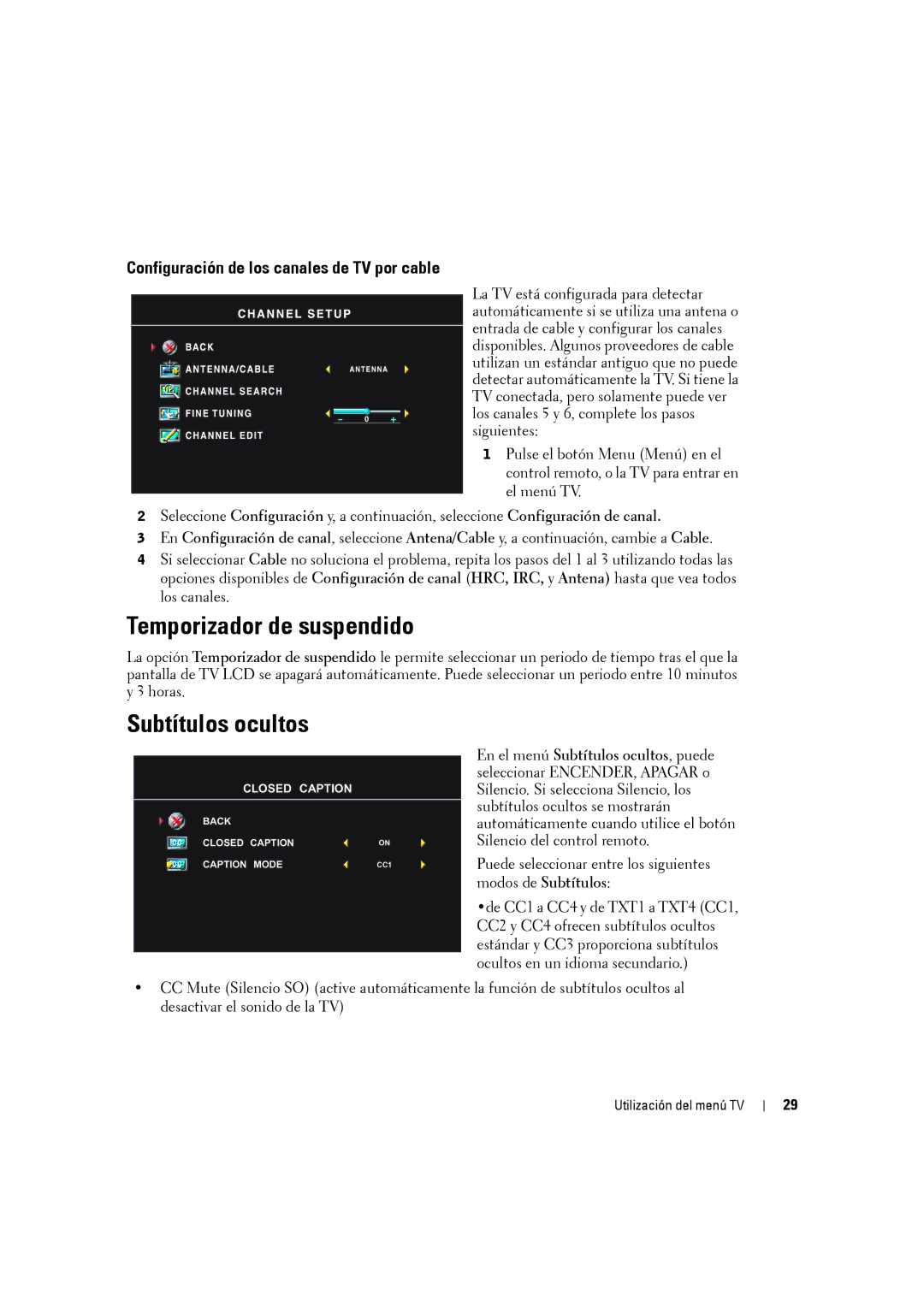 Dell W2606C owner manual Temporizador de suspendido, Subtítulos ocultos, Configuración de los canales de TV por cable 